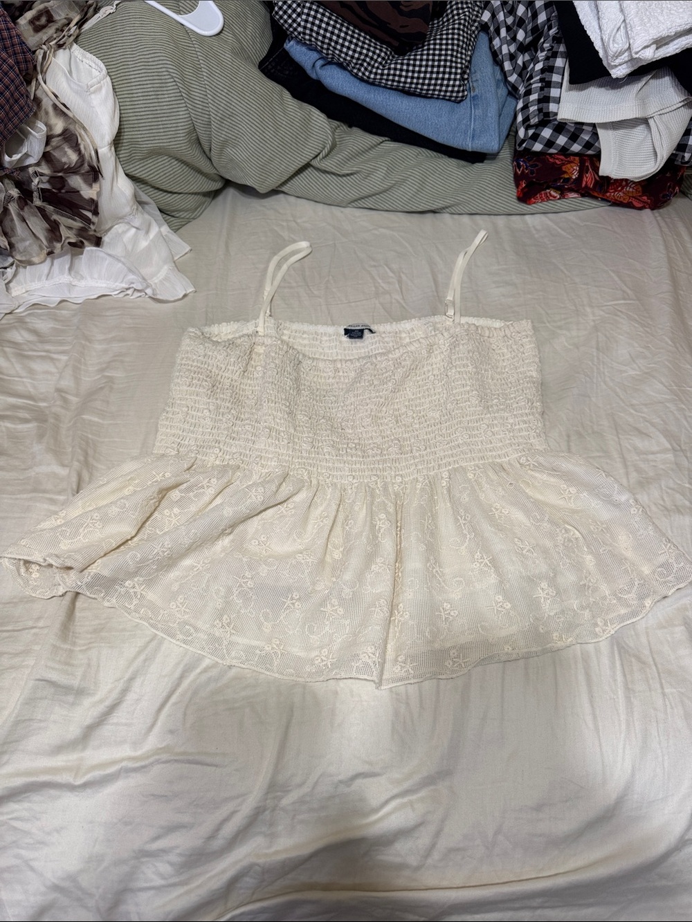 American Eagle Outfitters Ivory Smocked Eyelet Peplum Cami